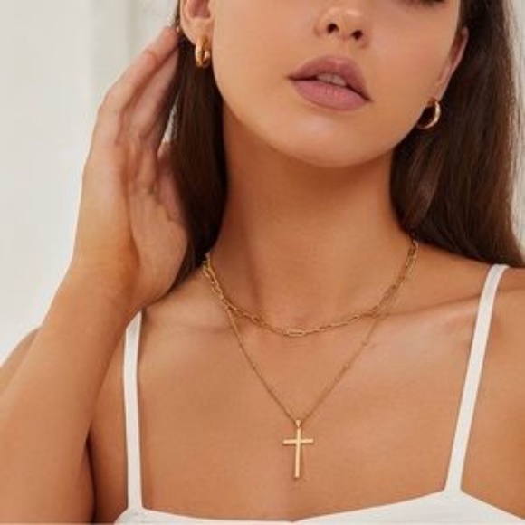 GOLD 14k Plated 2pc Cross Chain Necklace - Picture 2 of 3